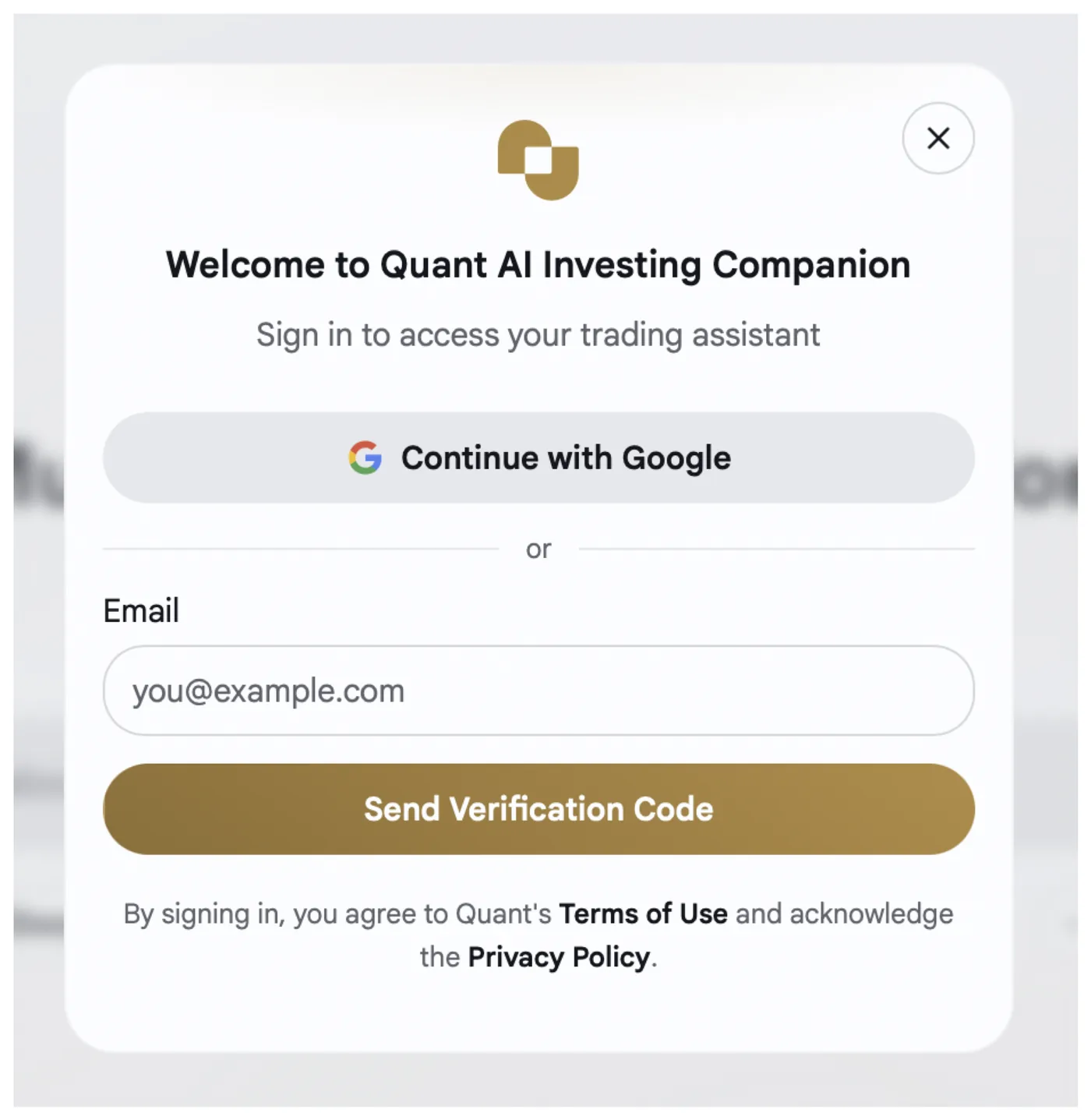 Quant AI sign-in: Continue with Google, or enter an email and send a verification code.