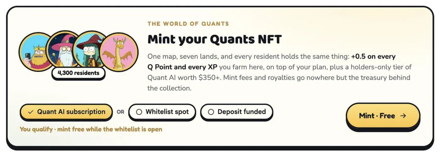 Mint your Quants NFT card showing Quant AI subscription, whitelist spot, and deposit funded checkboxes, with a Mint Free button.