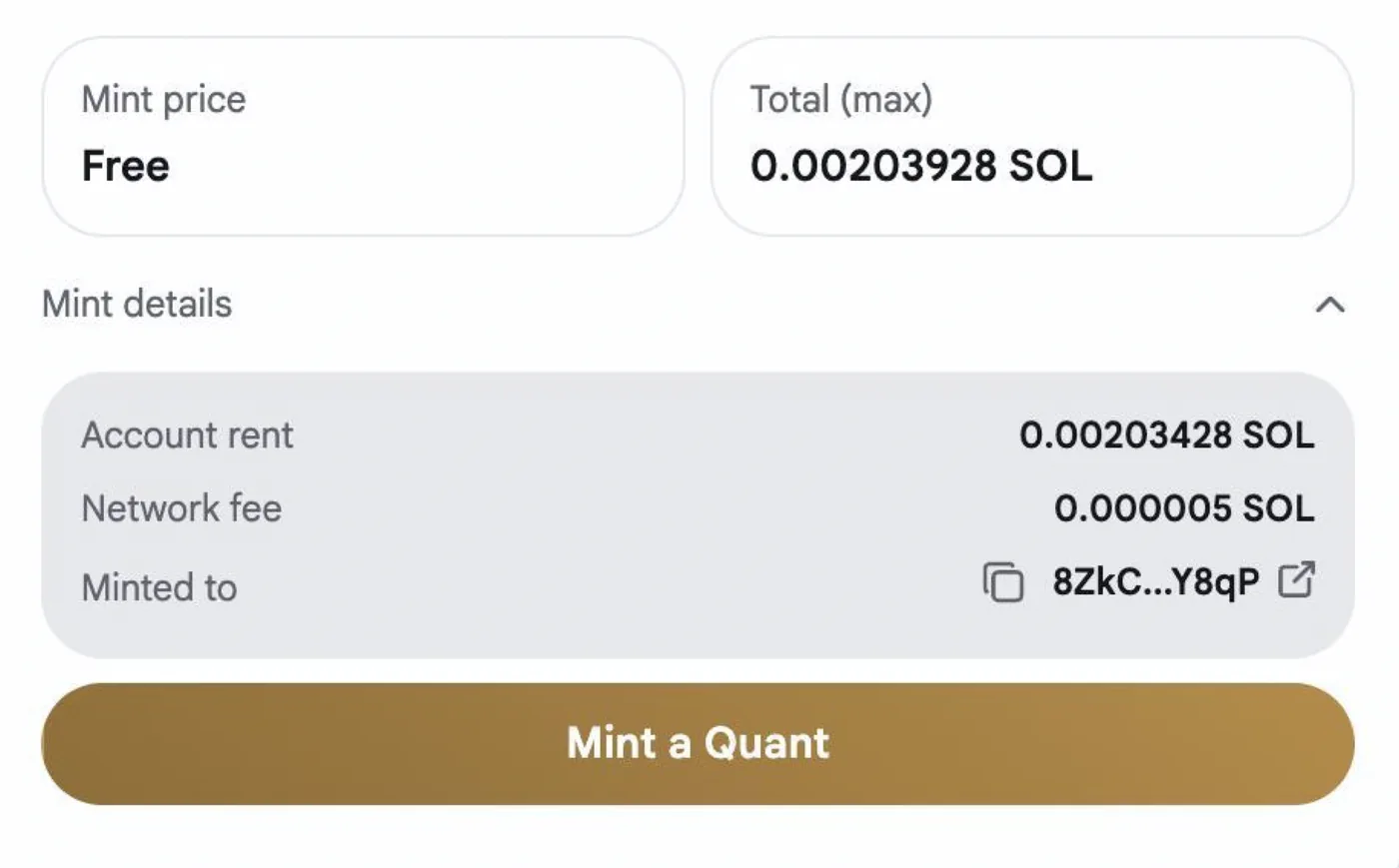 Mint confirmation showing price Free, a small SOL total for gas, and a Mint a Quant button.