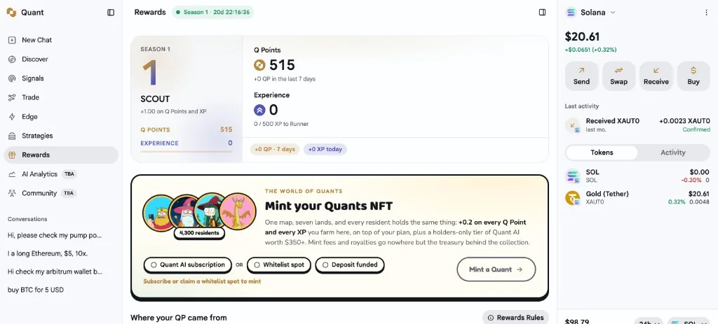 Quant AI platform with Rewards selected in the left sidebar and the Mint your Quants NFT card in the middle.